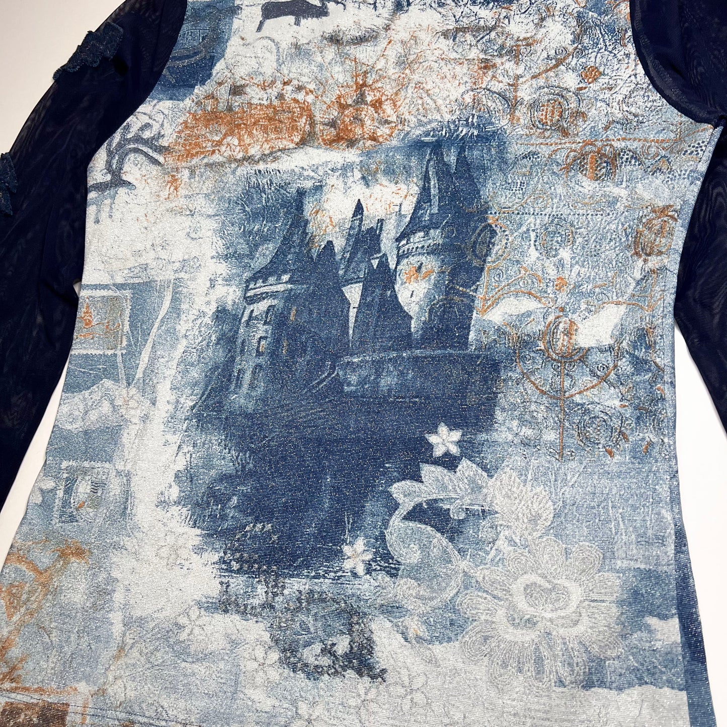 Save the Queen Vintage Blue Top With Mesh Flare Sleeves