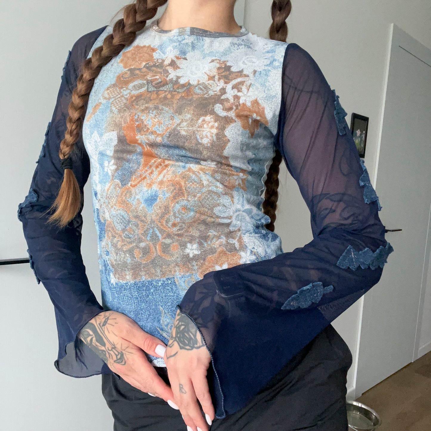 Save the Queen Vintage Blue Top With Mesh Flare Sleeves