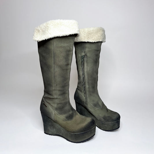 Vintage Diesel Khaki Suede Leather Platform Boots - EU 36