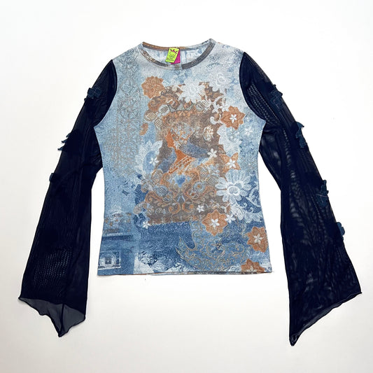 Save the Queen Vintage Blue Top With Mesh Flare Sleeves